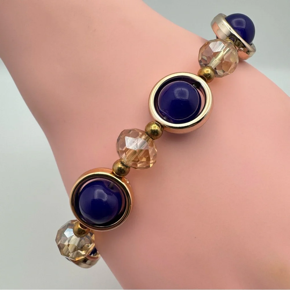 Blue Cabochon Stretch Bracelet Gold Tone Crystal Beaded Statement